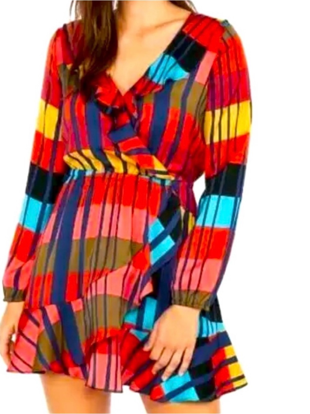 Express Multicolor Striped Long Sleeve Ruffle Wrap Dress